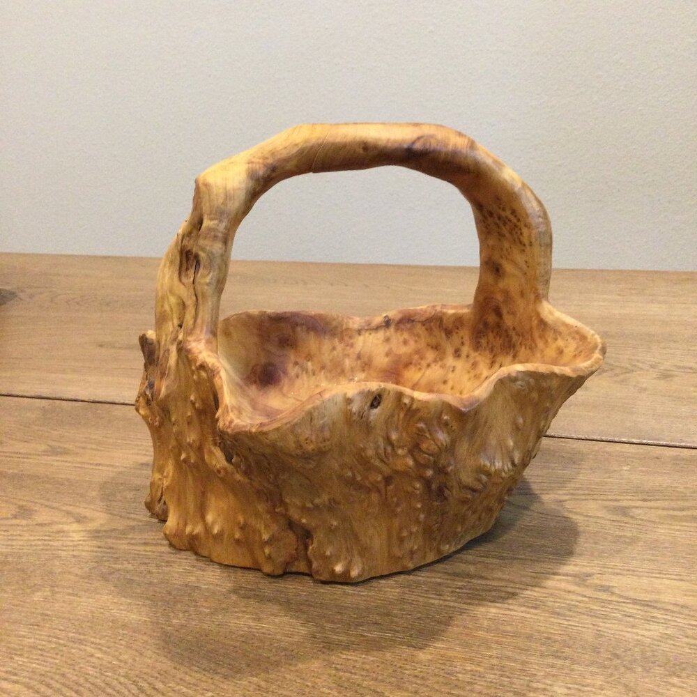 Wood Burl Root Basket Bowl w/ Handle Hand Carved Wooden 8” Tall